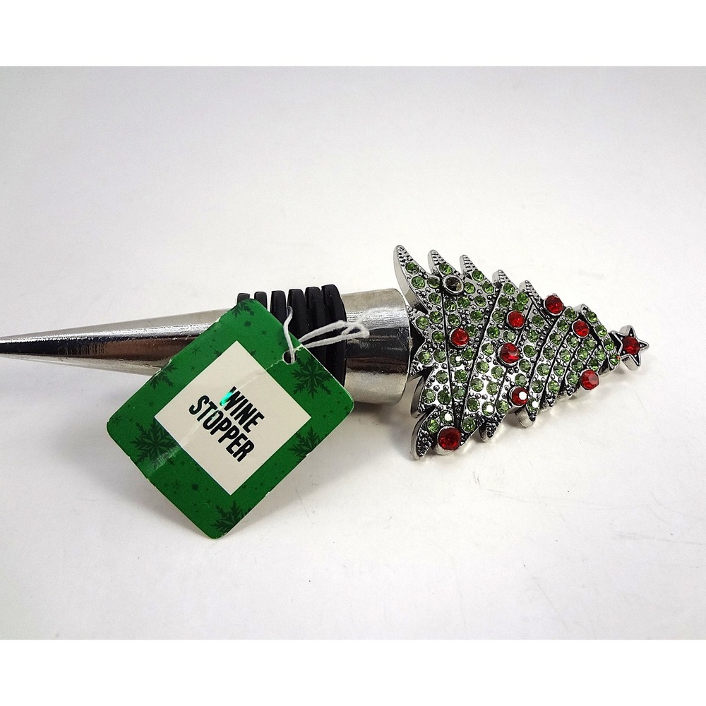 NEW Festive Voice Christmas Tree‎ Wine Stopper Rhinestone Silver Green Red